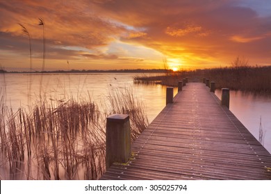 Spectacular sunrise over a lake near Amsterdam in The Netherlands.