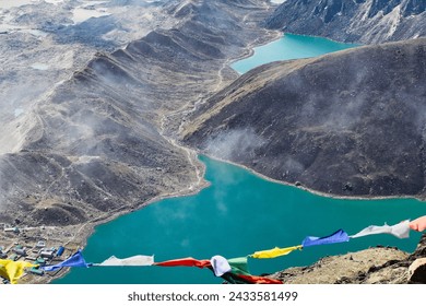 Spectacular view of the emerald green Gokyo 2nd and 3rd lake seen from the top of Gokyo Ri in Nepal