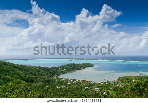 spectacular view from, Mont Otemanu on Bora Bora\
Island over the lagoon and barrier reef, French Polynesia, Society\
Islands