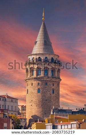 Spectacular view of Galata Tower at sunset. Galata Tower (Galata Kulesi) is a medieval stone tower in the Galata quarter of Istanbul, Turkey.