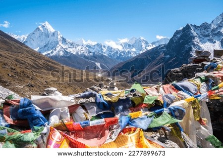 Spectacular view of Himalayas mountains range (include Mt.Ama Dablam on the left side) from Thukla Pass (4,800 m) on the way to Everest base camp trek in Nepal.