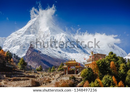 Spectacular view of Manaslu mountain on Around Manaslu trail Himalayas, Nepal
