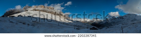 Spectacular view of Sella mountain Group with Sas
Pordoi summit (and the cable car station on the top) as seen from
Passo Pordoi, Dolomites, Trentino, Alto-Adige, Bolzano, Trento,
South Tyrol, Italy