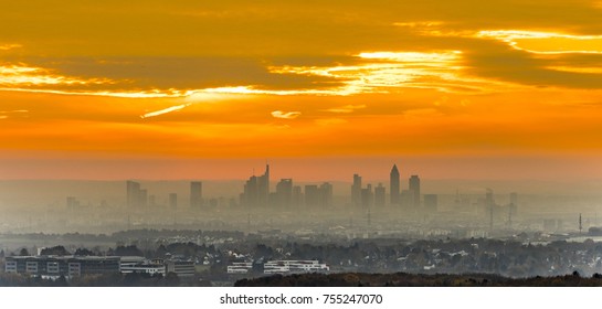 Spectacular View To Skyline Of Frankfurt In Sunrise