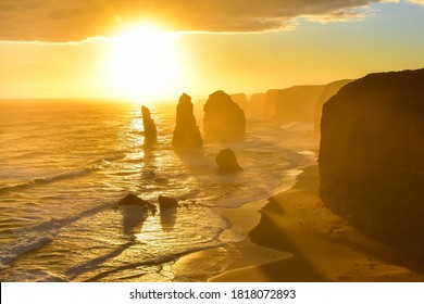 Spectacular view of Twelve Apostles, Great Ocean Road Victoria Australia at golden hour during sunset taken in August