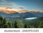 Spectacular view of Whistler and Blackcomb mountains and valley at sunset