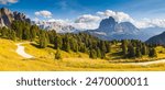 Spectacular views of the famous resort Val Gardena and Sassolungo peak. Location place Dolomiti, Trentino Alto Adige, province Bolzano, South Tyrol, Italy, Europe. Discover the beauty of earth.