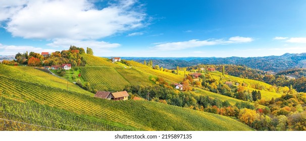 Spectacular Vineyards Landscape In South Styria Near Gamlitz. Autumn Scene Of Grape Hills In Popular Travell Destination Eckberg. Location: Gamlitz, District Of Leibnitz In Styria, Austria. Europe.