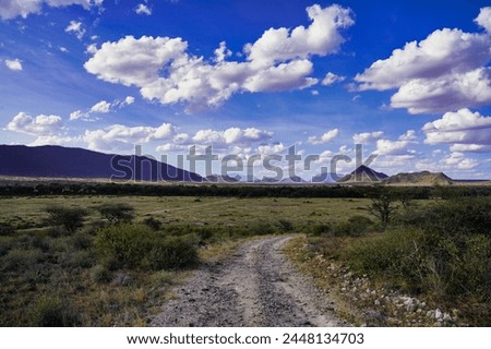 Spectacular wide angle view of the vast Samburu reserve with mount Ololokwe and the pyramid shaped mount Lolpopong in the far distance at the Buffalo Springs Reserve in Samburu County, Kenya