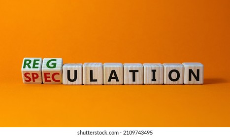 Speculation or regulation symbol. Turned cubes and changed the word speculation to regulation. Beautiful orange table, orange background, copy space. Business, speculation or regulation concept. - Shutterstock ID 2109743495