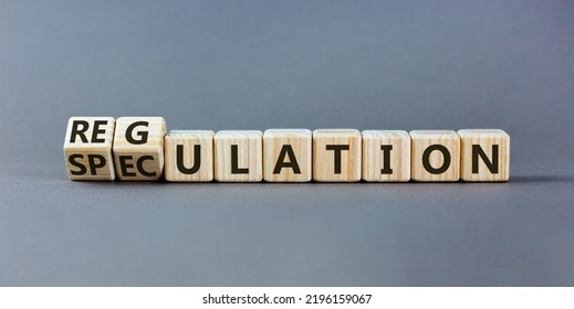 Speculation or regulation symbol. Turned cubes and changed the word speculation to regulation. Beautiful grey table, grey background, copy space. Business, speculation or regulation concept. - Shutterstock ID 2196159067