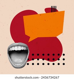 Speech Bubble Creative Art Collage. Surreal Concept Illustration. Talking Mouth Modern Design. Debate Speak Scream Open Trend Retro Vintage. Poster Banner Flyer Post Card Placard Print Background New. - Powered by Shutterstock - Get 15% off with code: PIKWIZARD15