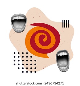 Speech Bubble Creative Art Collage. Surreal Concept Illustration. Talking Mouth Modern Design. Debate Speak Scream Open Trend Retro Vintage. Poster Banner Flyer Post Card Placard Print Background New.