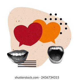 Speech Bubble Creative Art Collage. Surreal Concept Illustration. Talking Mouth Modern Design. Debate Speak Scream Open Trend Retro Vintage. Poster Banner Flyer Post Card Placard Print Background New.