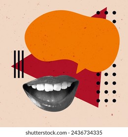Speech Bubble Creative Art Collage. Surreal Concept Illustration. Talking Mouth Modern Design. Debate Speak Scream Open Trend Retro Vintage. Poster Banner Flyer Post Card Placard Print Background New.