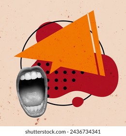 Speech Bubble Creative Art Collage. Surreal Concept Illustration. Talking Mouth Modern Design. Debate Speak Scream Open Trend Retro Vintage. Poster Banner Flyer Post Card Placard Print Background New.