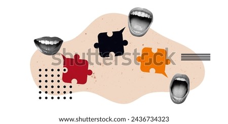Speech Bubble Creative Art Collage. Surreal Concept Illustration. Talking Mouth Modern Design. Debate Speak Scream Open Trend Retro Vintage. Poster Banner Flyer Post Card Placard Print Background New.