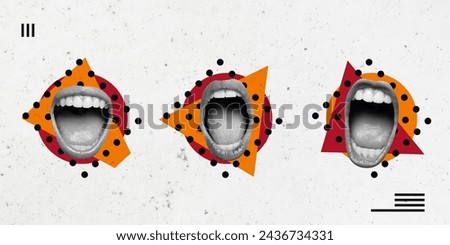 Speech Bubble Creative Art Collage. Surreal Concept Illustration. Talking Mouth Modern Design. Debate Speak Scream Open Trend Retro Vintage. Poster Banner Flyer Post Card Placard Print Background New.
