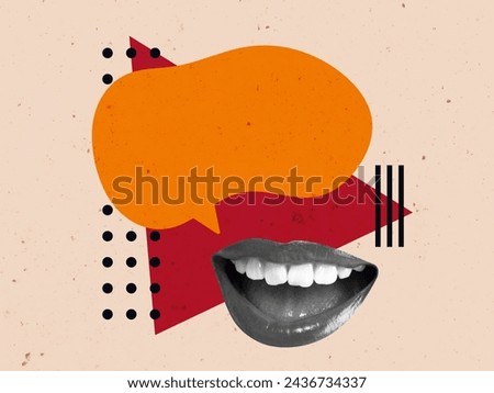 Speech Bubble Creative Art Collage. Surreal Concept Illustration. Talking Mouth Modern Design. Debate Speak Scream Open Trend Retro Vintage. Poster Banner Flyer Post Card Placard Print Background New.