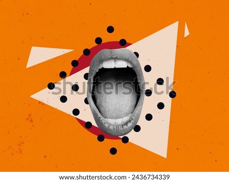 Speech Bubble Creative Art Collage. Surreal Concept Illustration. Talking Mouth Modern Design. Debate Speak Scream Open Trend Retro Vintage. Poster Banner Flyer Post Card Placard Print Background New.