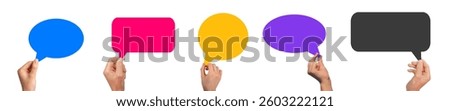 Speech bubble with empty space for feedback and message. Hand holding card in business conversation, concept of online chat, social interaction. Bright, colorful design isolated on white