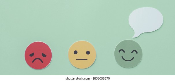 Speech Bubble On Happy Smile Face Paper Cut, Good Feedback Rating And Positive Customer Review, Experience, Satisfaction Survey ,mental Health Assessment Concept