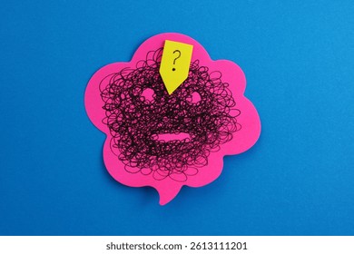 Speech bubble with question mark and face formed with conflicting message