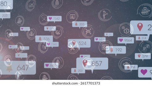 Speech bubbles with digital icons and increasing numbers against spot of light on grey background. social media networking technology concept - Powered by Shutterstock - Get 15% off with code: PIKWIZARD15
