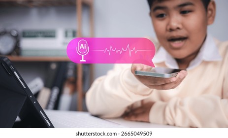Speech recognition, voice command, and artificial intelligence technology. Young boy speaking to smartphone with AI voice assistant icon.