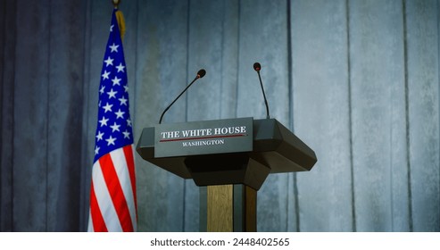 Speech tribune for government representative of the United States or politician in the White House in press conference hall. Podium debate stand with microphones on stage. Backdrop with American flag. - Powered by Shutterstock