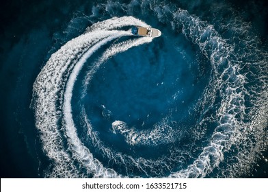 Speed Boat In Mediterranean Sea, Aerial View