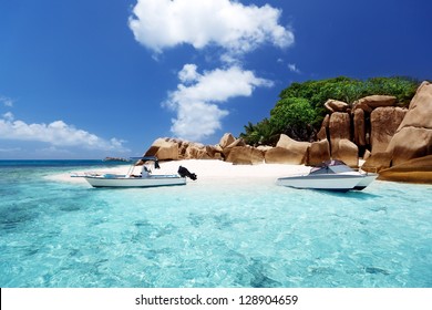 Speed Boat On The Beach Of Coco Island, Seychelles