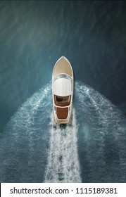 Speed boat at sea, view from above