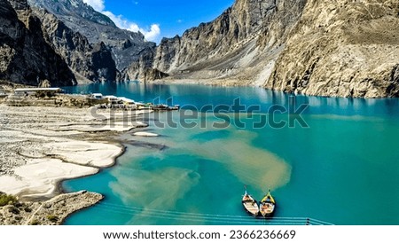 Speed boats in the glacial Attabad Lake on the way to China Pakistan border in the Hunza Valley 