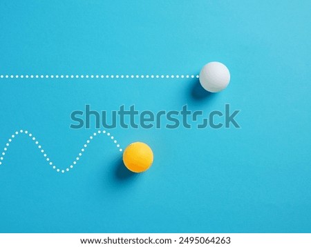 Speed, competition, efficiency and taking the shortcut to achieve goals in business. Business performance. Competing table tennis balls on blue background.