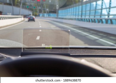 speed control projection screen in a modern car, The projection on the windshield of a car. Head-up display