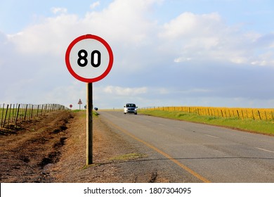 Speed Kills Many People Each Day In South Africa. This 80 Km Speed Limit Board Inspires The Traffic On This Road Near Durbanville In South Africa To Slow Down.