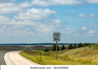 Speed Limit 80 MPH Sign On Interstate 90 In Wyoming, Horizontal