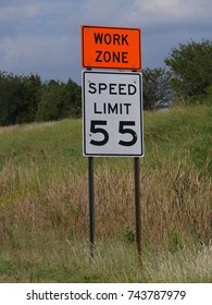 Speed Limit And Work Zone Sign Erected On The Roadside Usually Posted Where Construction Or Road Repair Is In Progress.