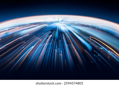 Speed lines on Abstract blue planet with glowing stars and dynamic motion design