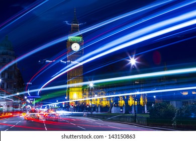 Speed Motion At Night London, Blue Light - London City Street Abstract Light