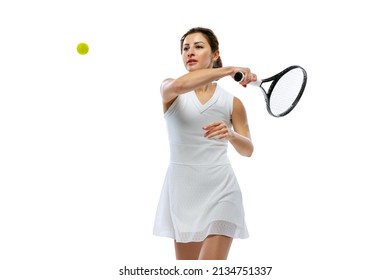 Speed Serve In Tennis. One Young Female Tennis Player Playing Tennis Isolated On White Background. Healthy Lifestyle, Fitness, Sport, Exercise Concept. Female Athlete In Motion, Action