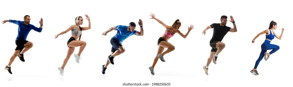Speed and strength. Development of motions of young athletic fit men and women running isolated over white background. Flyer. Concept of run, sport, competition, championship. Copy space for ad.