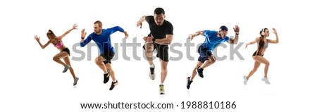 Speed and strength. Development of motions of young athletic fit men and women running isolated over white background. Flyer. Concept of run, sport, competition, championship. Copy space for ad.
