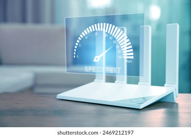 Speed test. Virtual screen over Wi-Fi router on wooden table - Powered by Shutterstock