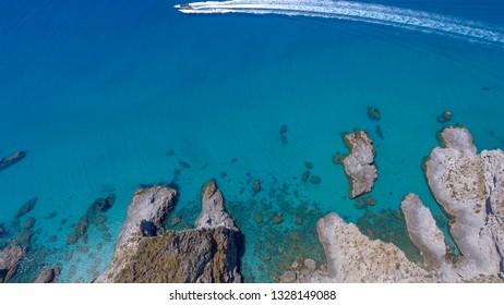 Speedboat In A Beautiful Ocean Near The Coastline, Overhead Aerial View, Holiday Concept.