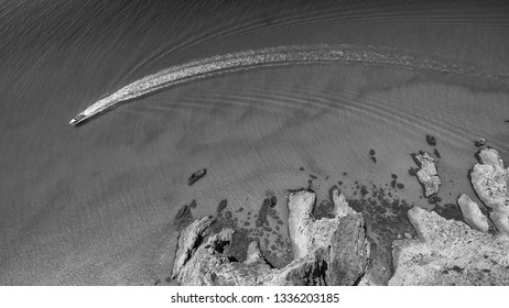 Speedboat In A Beautiful Ocean Near The Coastline, Overhead Aerial View, Holiday Concept.