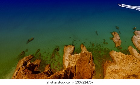 Speedboat In A Beautiful Ocean Near The Coastline, Overhead Aerial View, Holiday Concept.