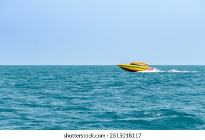 Speedboat sailing on the blue tropical sea on the background clear blue sky morning day at Koh Larn island. Speed boat running on the bay, Panorama ocean, Pattaya, Thailand, Vacation. - Powered by Shutterstock