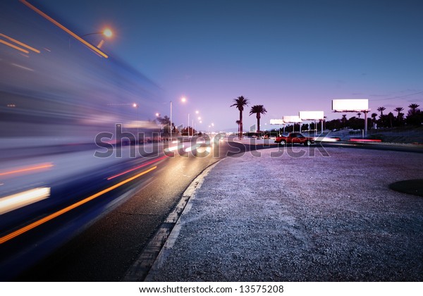 Speeding bus, blurred motion. Las Vegas Blvd., Las\
Vegas, USA.